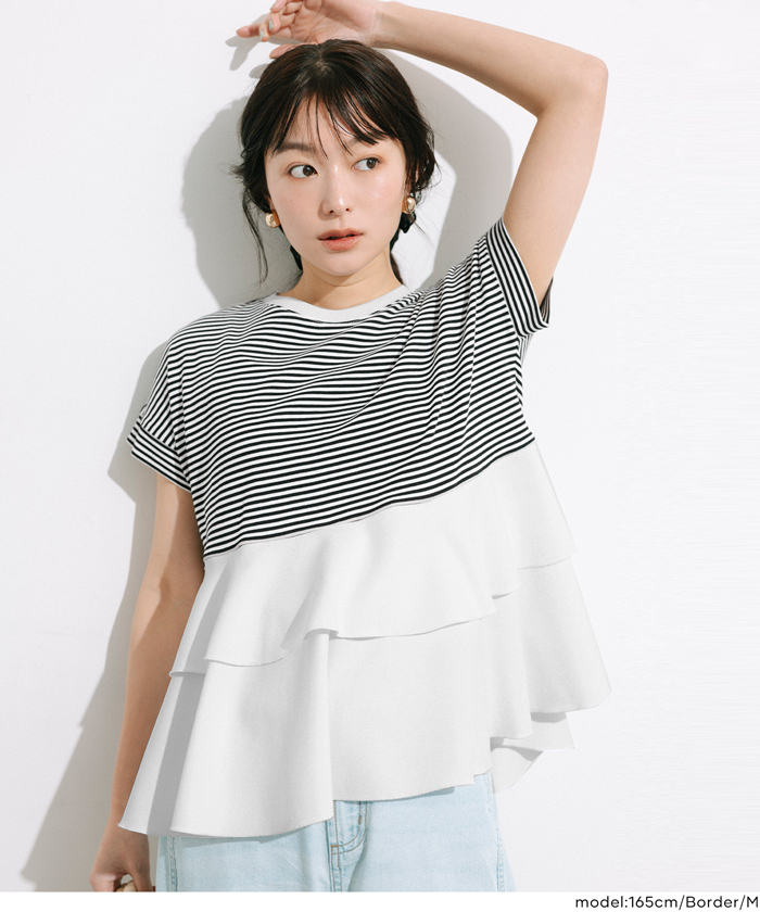 Qoo10] coca 異素材切り替え2段フリルTシャツ レディ